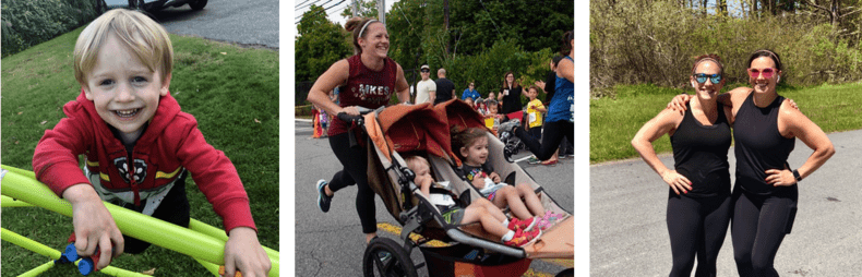 Three pictures are collaged together. The first  is a child playing on monkey bard. The second is a woman smiling as she runs and pushes two children in a stroller. The third is the same woman posing next to another.